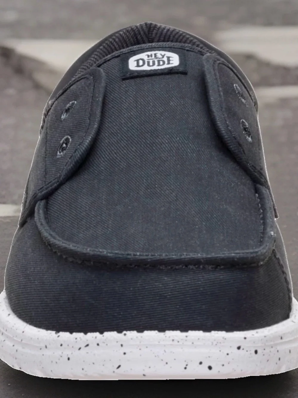Hey Dude Size 14 Men’s Black Canvas Slip-On Loafers with White Speckled Sole